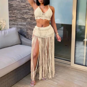 Two-piece Knitted High Waist Tassel Long Skirt Swimsuit Cover Up Bikini – ONE SIZE