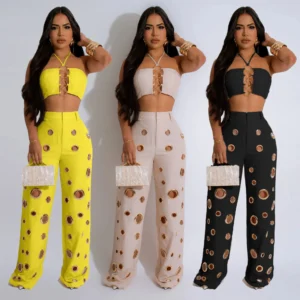 Metal Ring Hollow Two Piece Set – Strapless Lace Up Halter Crop + Wide Leg Pants
