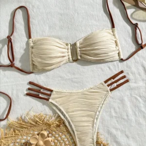 Beige Solid Color Bikini – Sexy U-neck Backless Bathing Suit High Waist Bandage