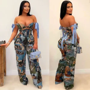 Women’s Oil Painting Printed Lace Up Back Crop Top and Pants Suit