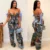 Women’s Oil Painting Printed Lace Up Back Crop Top and Pants Suit